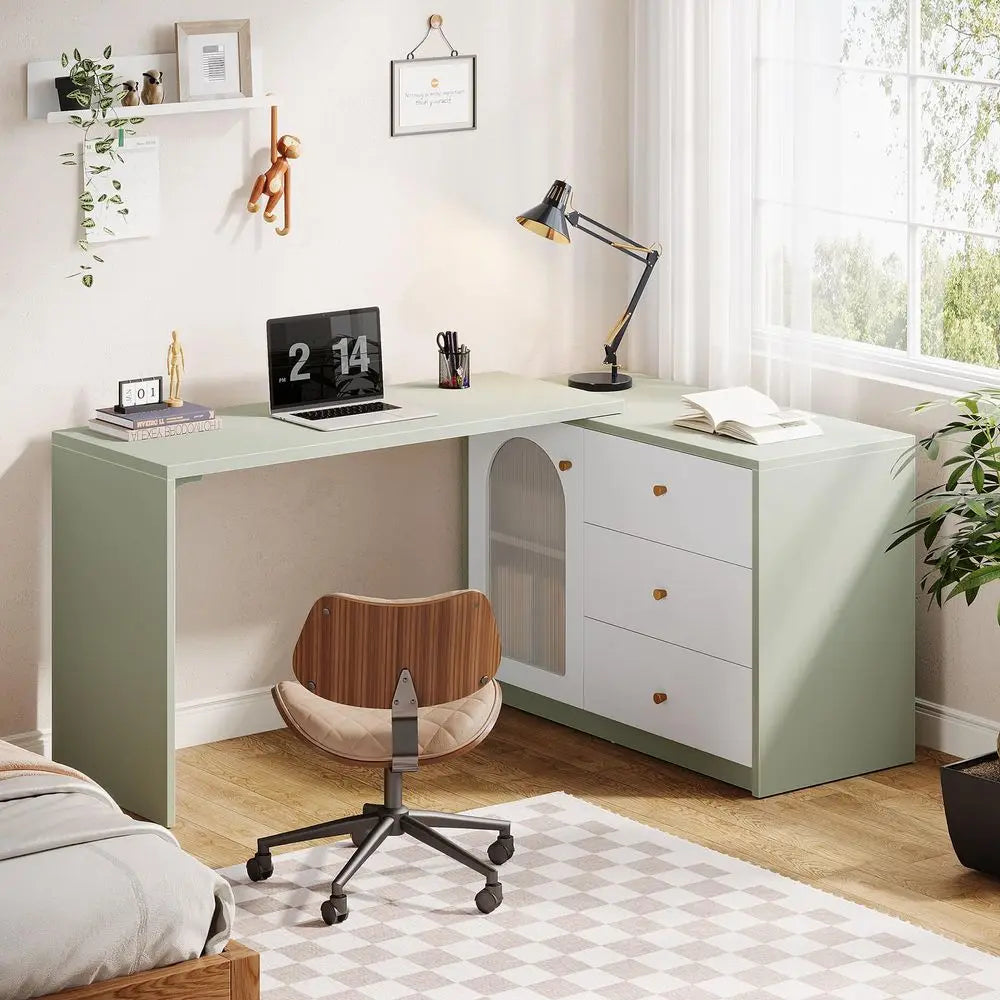 LShaped Computer Desk with Drawers, Modern Corner Home Office Desk with Reversible Storage Cabinet, Long Study Writing Desk Wor