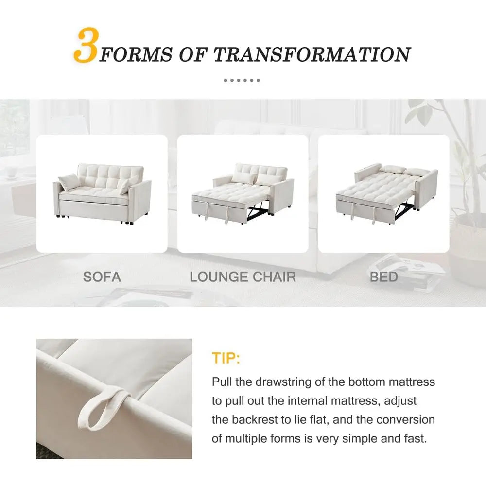 Convertible Sleeper Sofa Bed with Velvet Loveseat, Storage and 2 Pillows for Small Spaces, Cream
