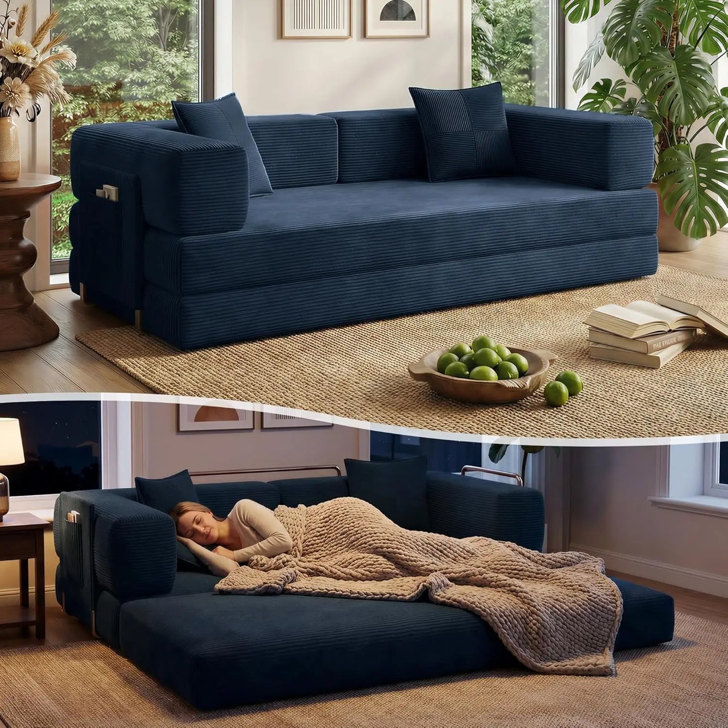 78.8" Convertible Sofa Bed with Armrest Pillow, 4-in-1 Sleeper Couch Bed for Livingroom, Modular Corduroy Boneless, Customized