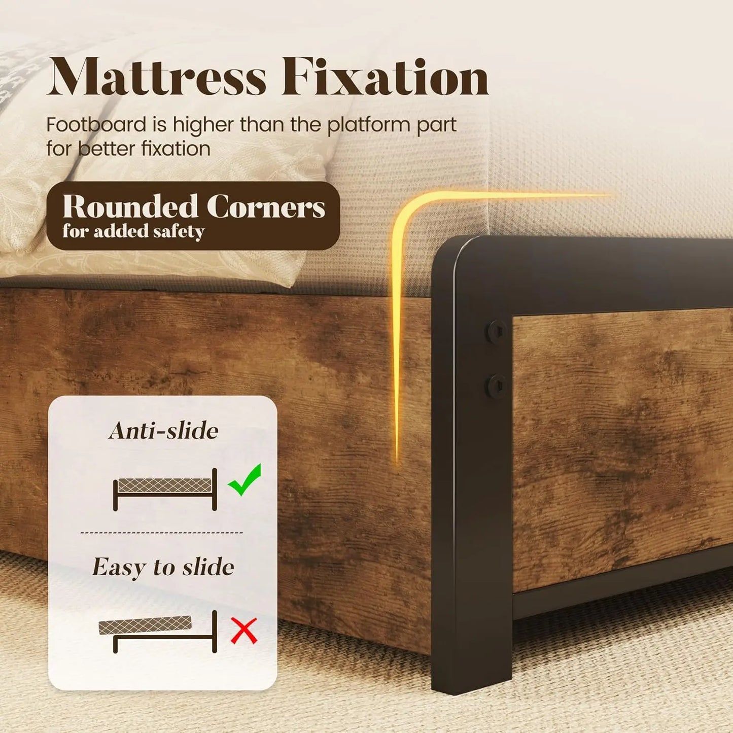 Queen Bed Frame Storage Headboard Metal Platform 4 Drawers Charging Station LED Noise-Free No Box Spring Rustic Brown, Customize