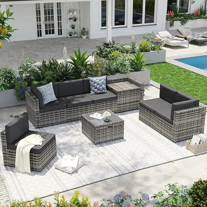 Patio 8 Piece Wicker Furniture Set With Hidden Storage Table