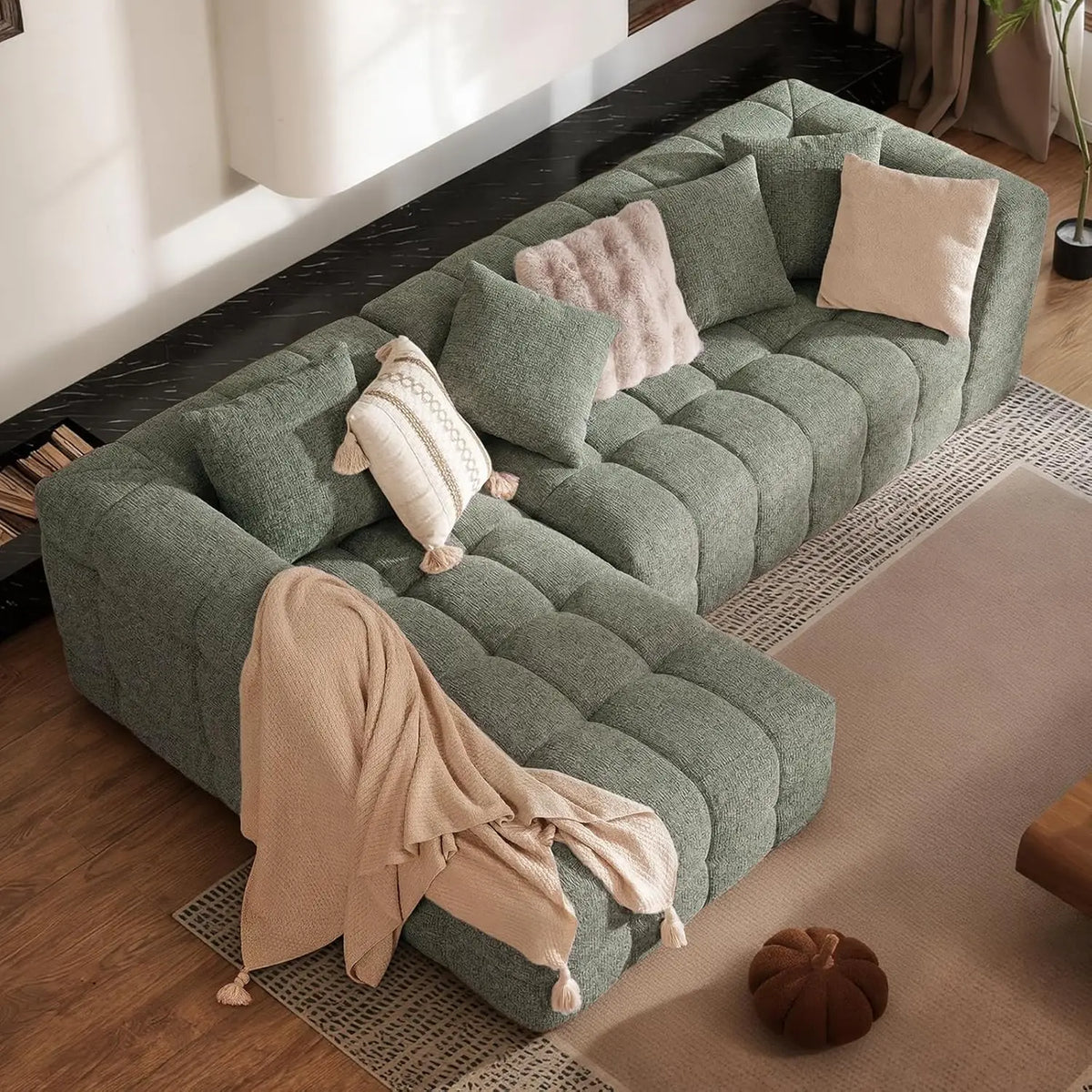 Modern Chenille L Shaped Tufted Sectional Sofa With Boneless Design