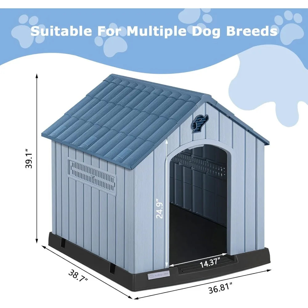 PUKAMI Weatherproof Plastic Dog House With Ventilated Outdoor Shelter