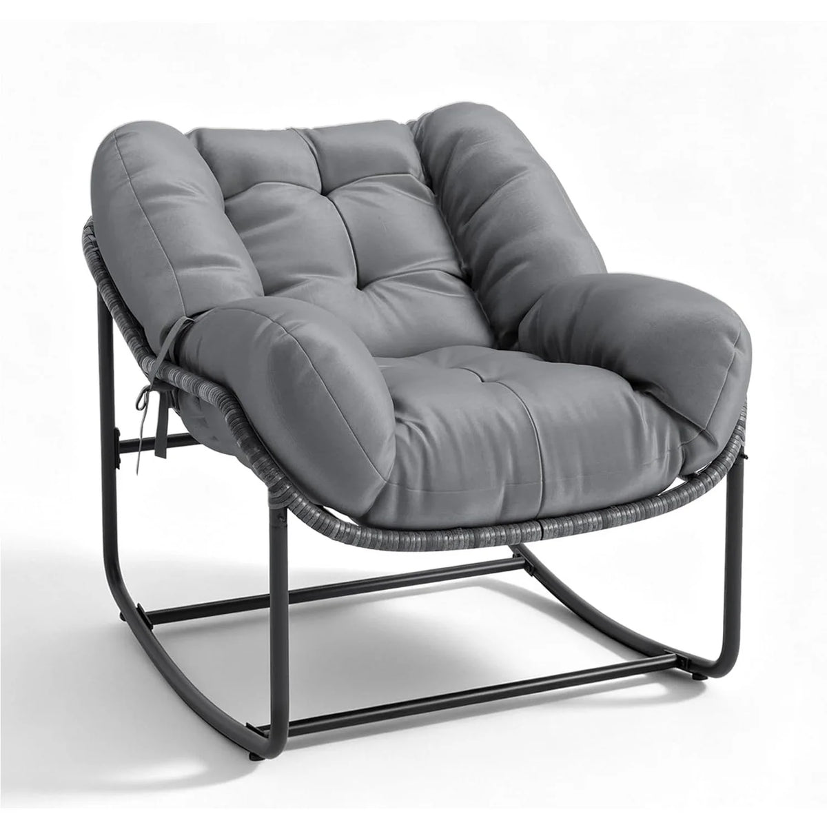Papasan Rocking Chair With Thick Cushion, Outdoor Wicker Rattan Egg Chair, 450 lb Patio Lounge Rocker For Porch Balcony Indoor Use
