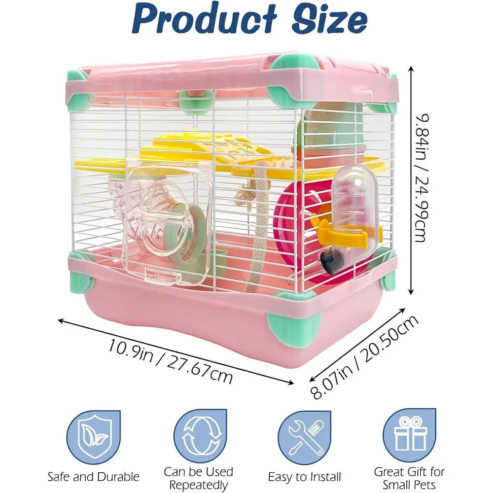 Portable 2 Layers Dwarf Hamster Habitat Small Animal Travel Cage with Exercise Wheel Enclosure for Hamsters, Mice, Gerbils, or O