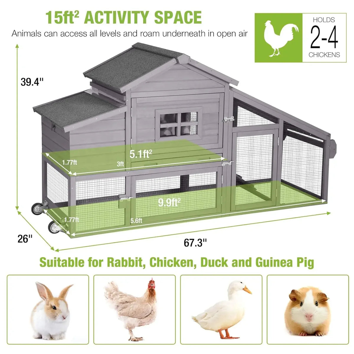 HOT Chicken Coop Mobile Chicken House On Wheel Outdoor Rabbit Hutch for 2-4 Chickens 67"