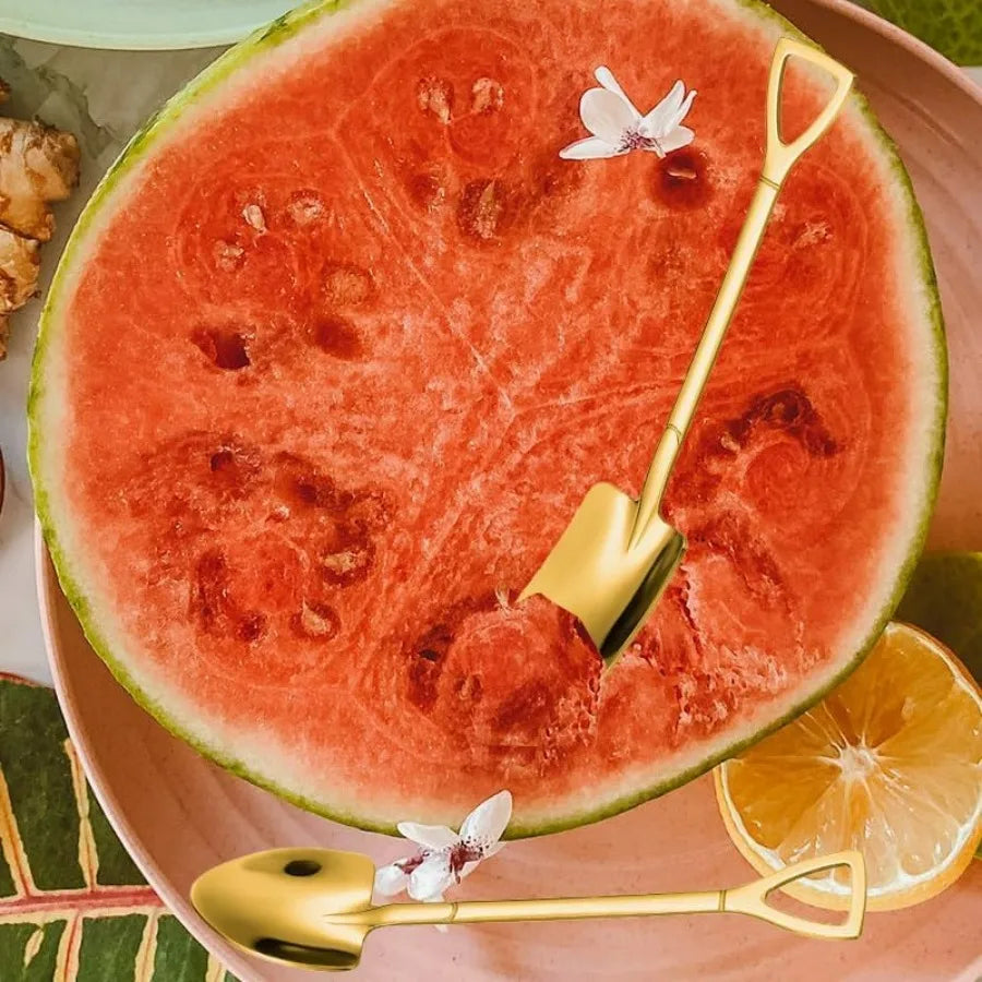 Golden Shovel Spoons for Desserts Coffee Tea Grapefruit Spoons Set of 2 Flat Watermelon Ice Cream Spoons Gold Color Luxury Kitc