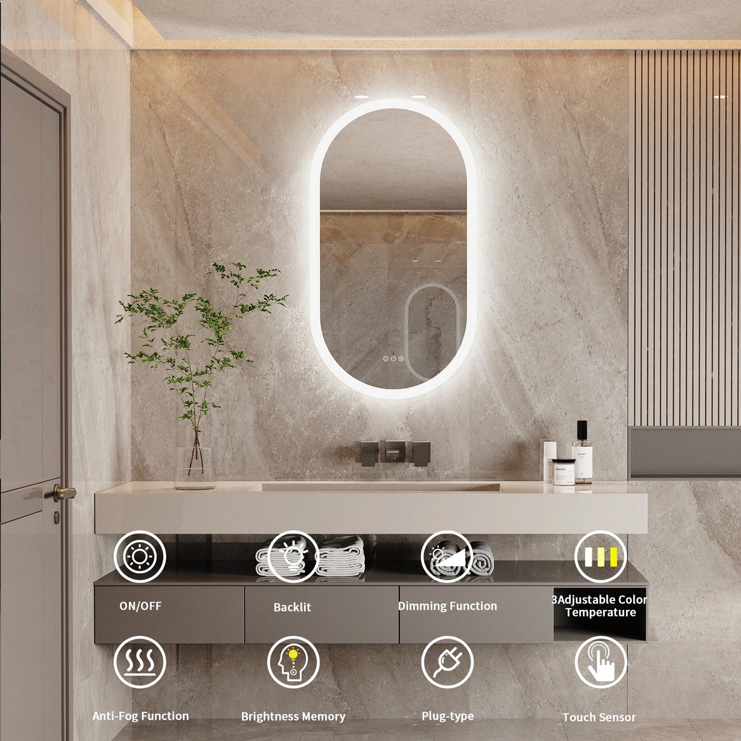 Wisfor LED Oval Bathroom Vanity Mirror With Anti-Fog Lights