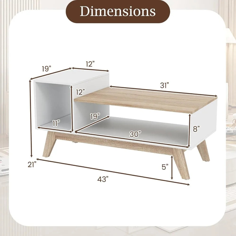 2-Tier Coffee Table with Storage, Mid Century Modern Center Table, Geometric Living Room Table for Small Space Apartment