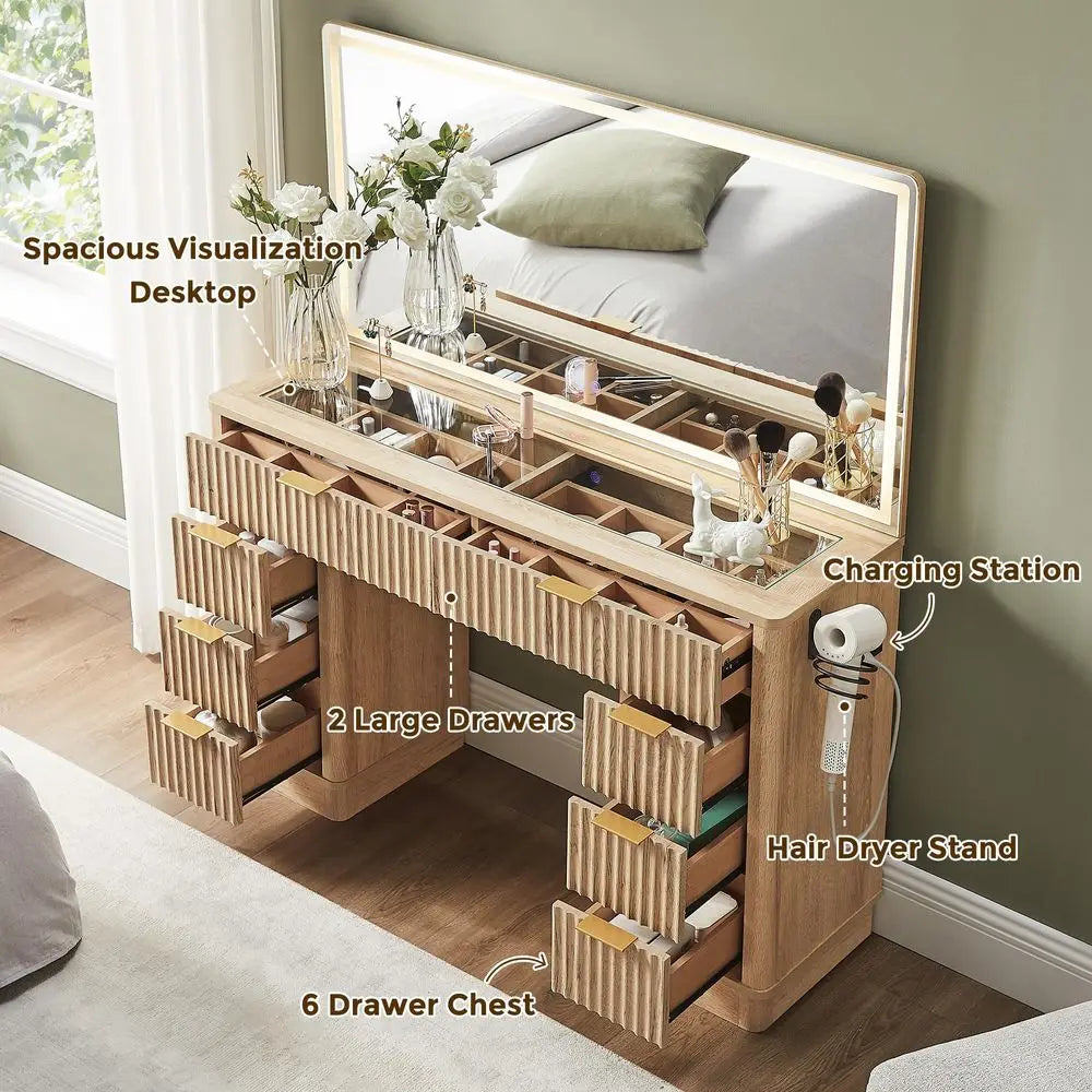 48 Fluted Makeup Vanity Desk with Large Led Lighted Mirror, Modern Vanity Table with 8 Drawers amp Charging Station, Glass Top