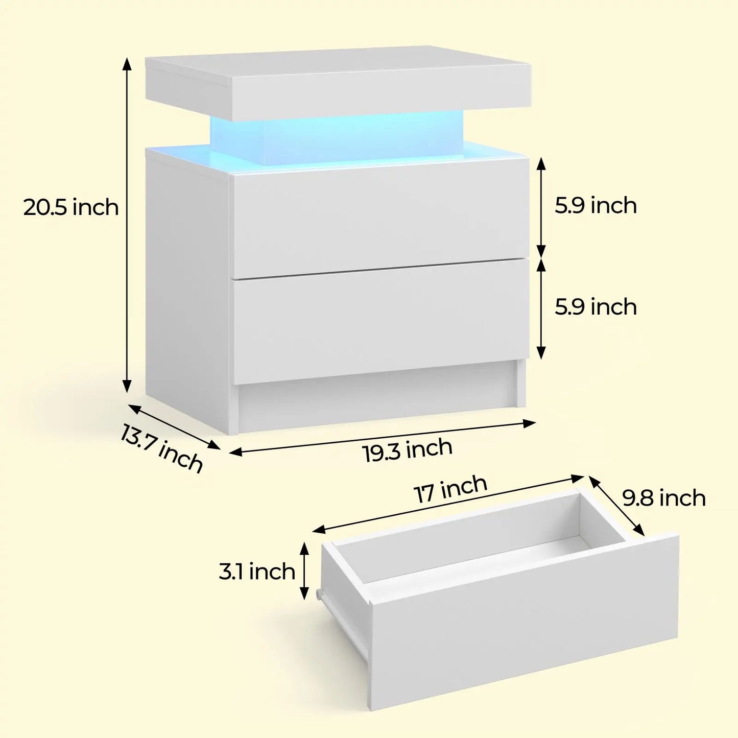 Cubehom White LED Nightstand With 2 Drawers And RGB Lights