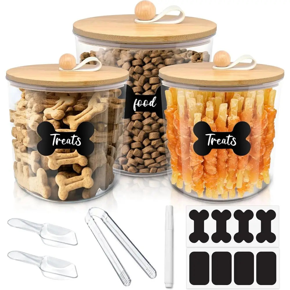 3 Pack Airtight Dog Treat Containers with Bamboo Lids, Treat Jars with Scoops, Clamps, Labels, Marker, Treat Holder