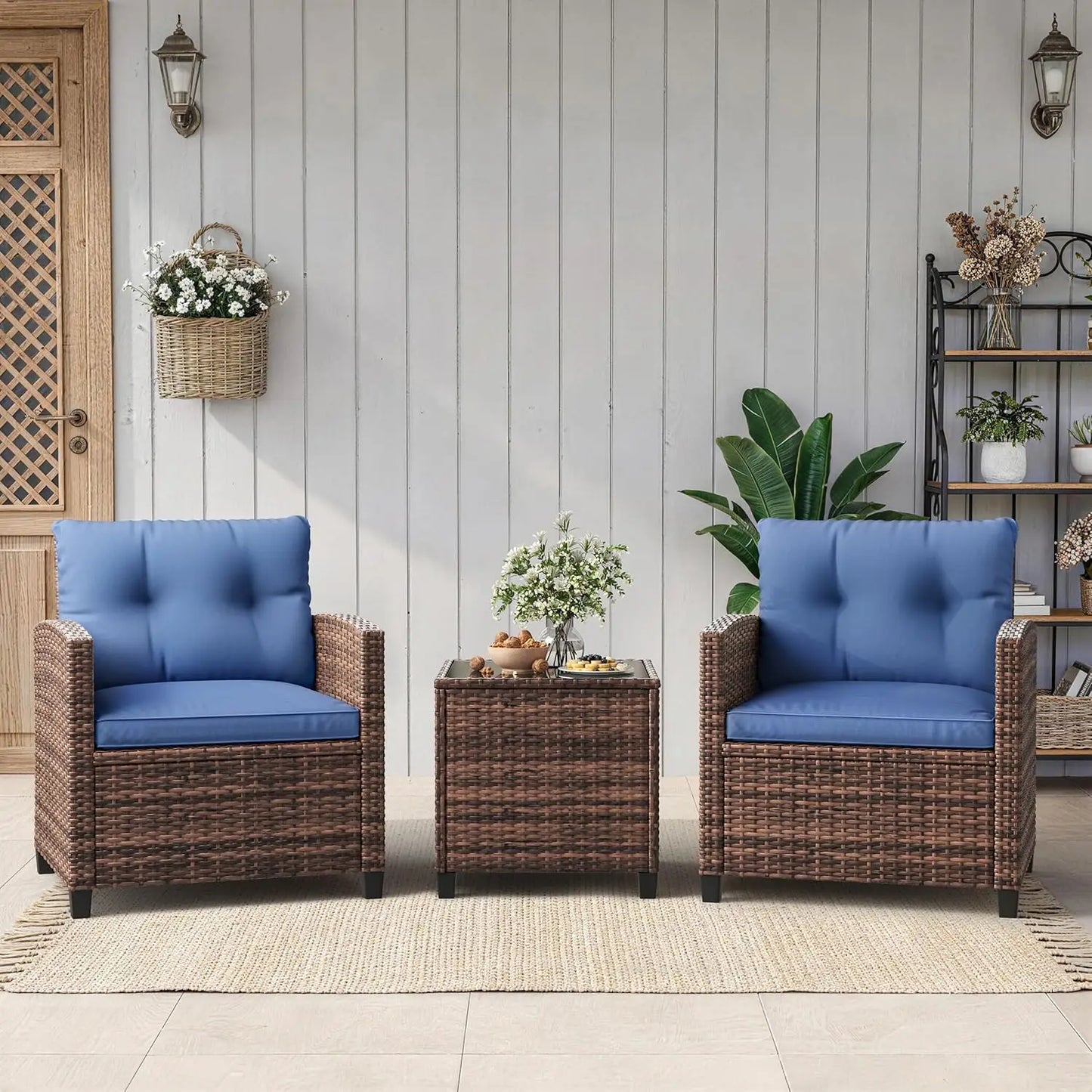 3 Pieces Office Furniture Set for Meeting Relaxation Interview Talking, Outdoor Wicker Rattan Chairs with Side Table, All-Weather Conversation Set with Cushions for Balcony, Porch, Backyard