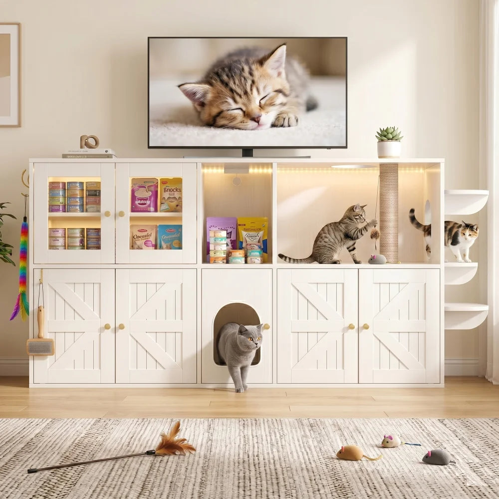 Farmhouse Cat Litter Box Enclosure Hidden Cat Washroom Built-in Scratching Post & LED Lights, Cat House with Storage Cabinets