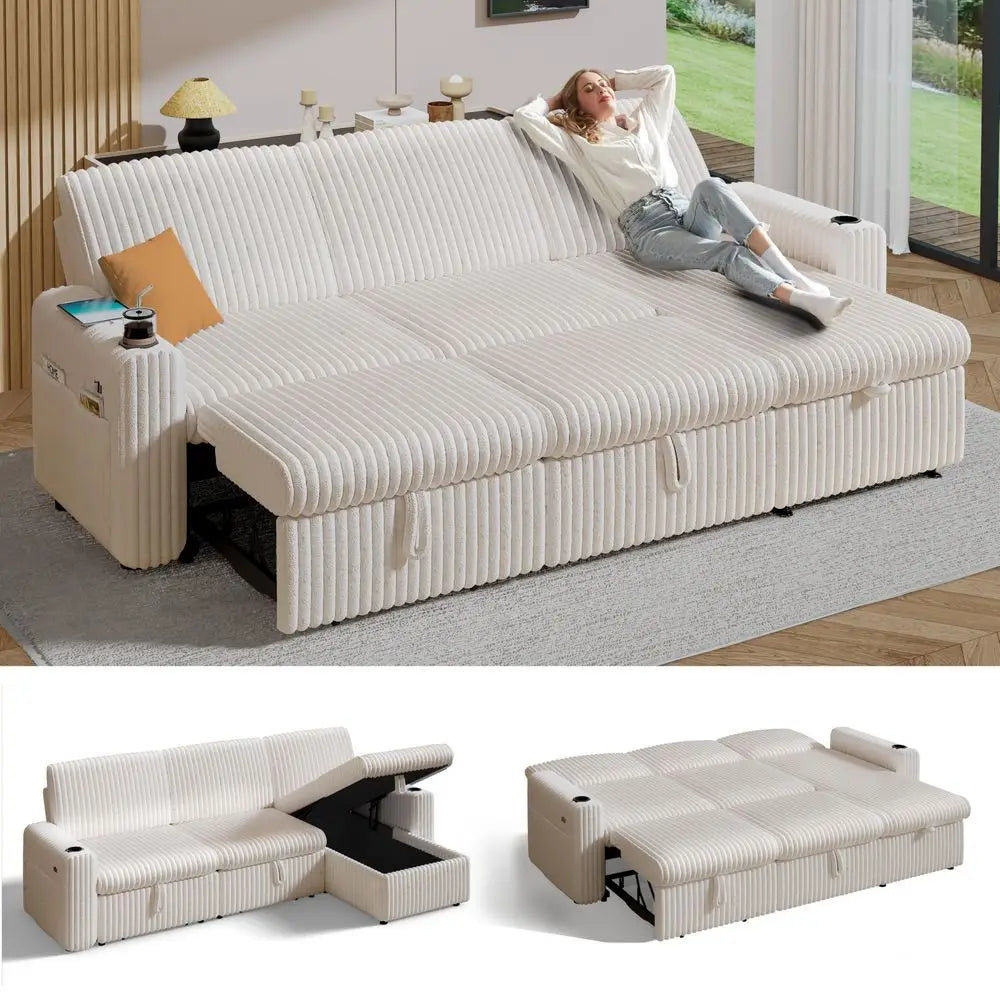 101 Plush Corduroy L Shaped Sectional Sleeper Sofa Bed with Pull Out Bed, Reclining Backrest, Reversible Storage Chaise, USB Po