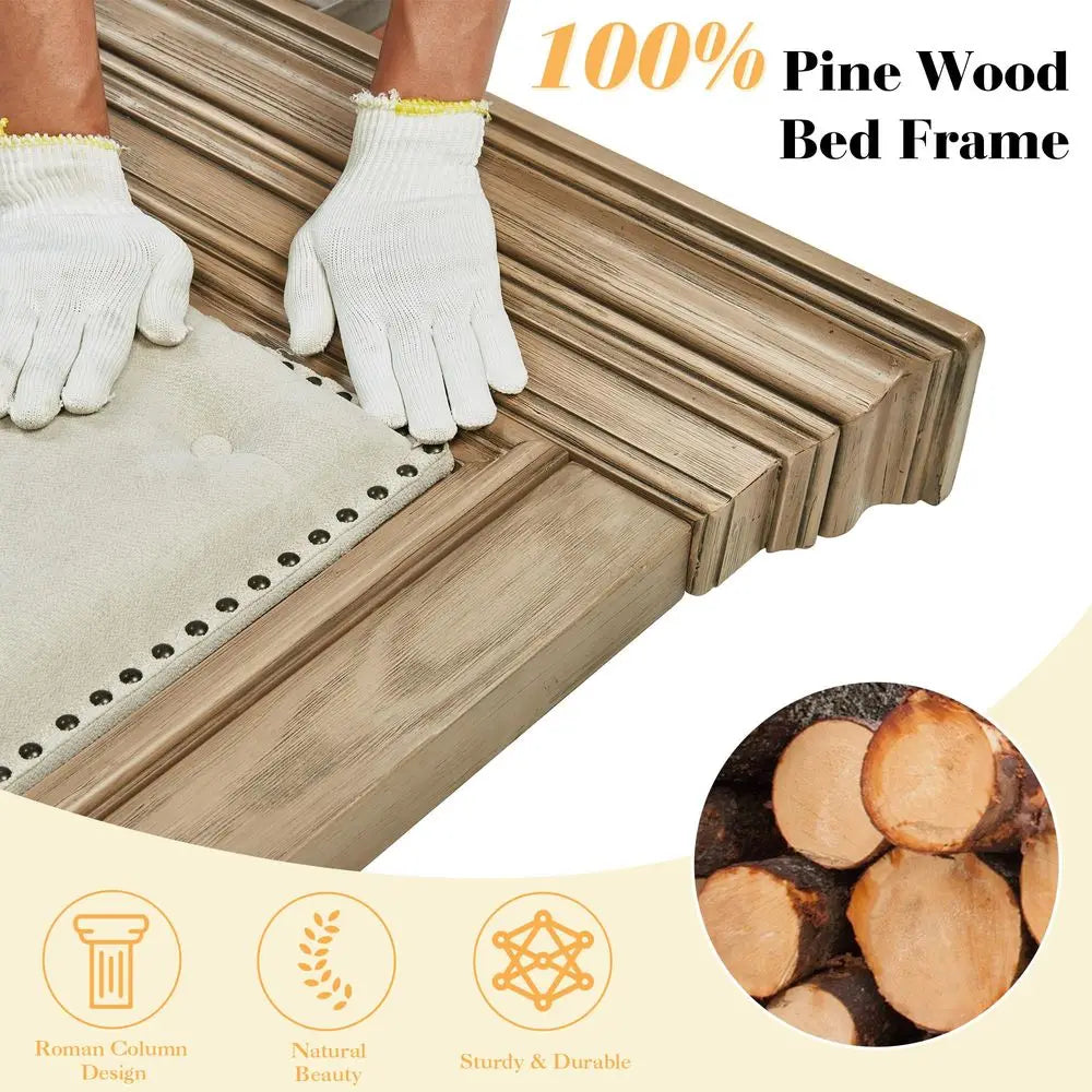 Solid Pine Wood Queen Bed Frame with 69 High Upholstered Headboard, Transitional Style Platform Bed, No Box Spring Needed amp E