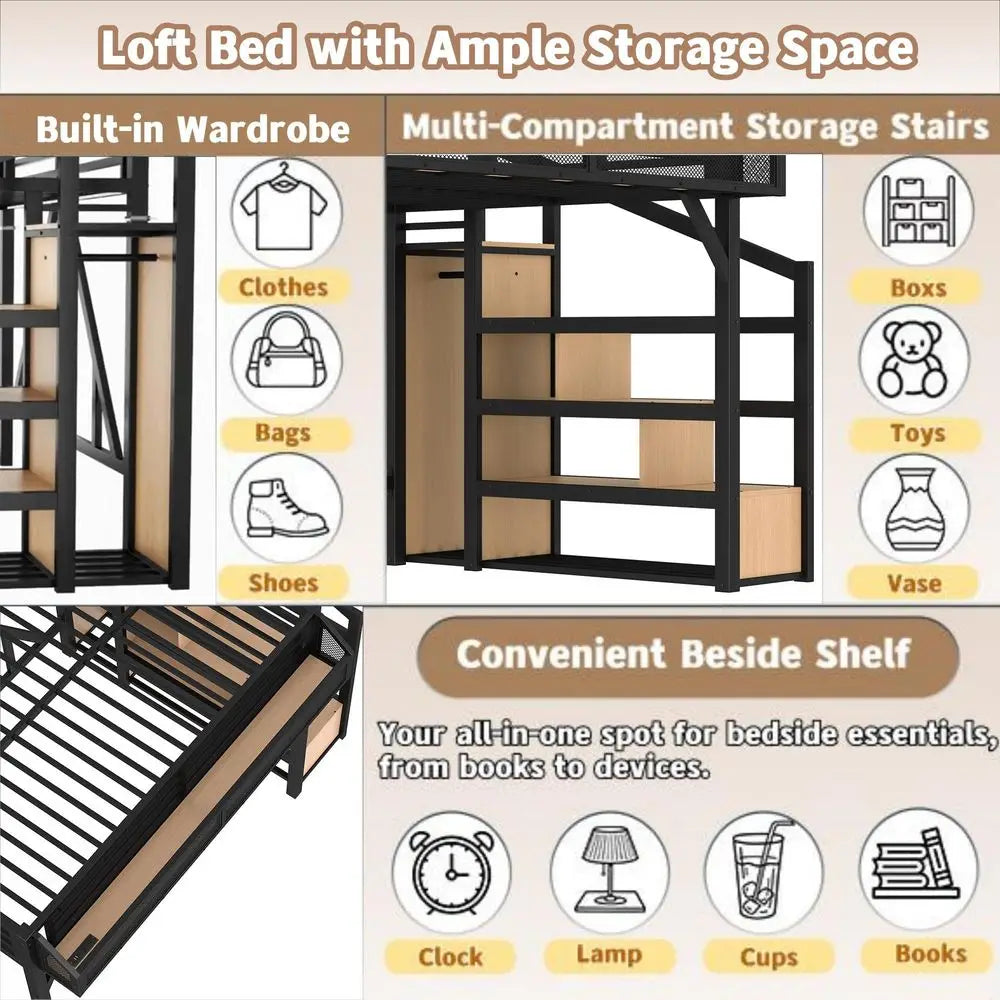 Queen Loft Bed with Storage Stairs, Shelves and Builtin Wardrobe, Metal Loft Bed Frame with USB Ports and LED Lights, NoiseRedu