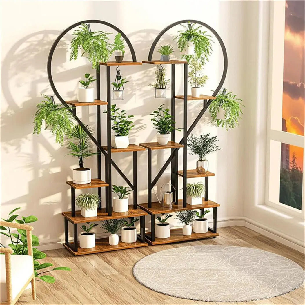 6 Tier Wood and Metal Plant Display Rack Stand Heart Shaped Storage Shelf with Grow Lights