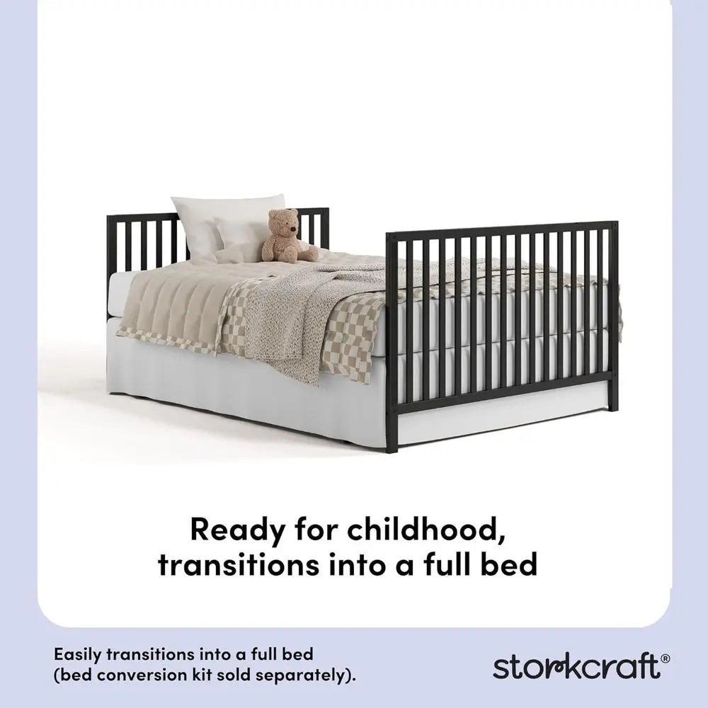 5-in-1 Black Convertible Crib with GREENGUARD Gold Certification, Stand Crib Mattress, Converts to Toddler Bed, Daybed, Full Bed