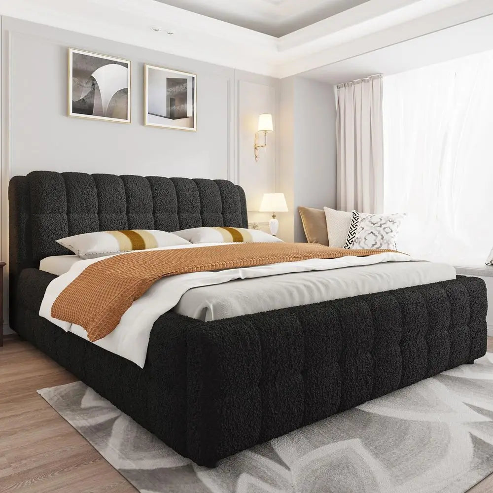 California King Upholstered Bed Frame, Fleece Fabric Floor Platform Bed with Thick Headboard for Modern Bedrooms, Cali King Uph