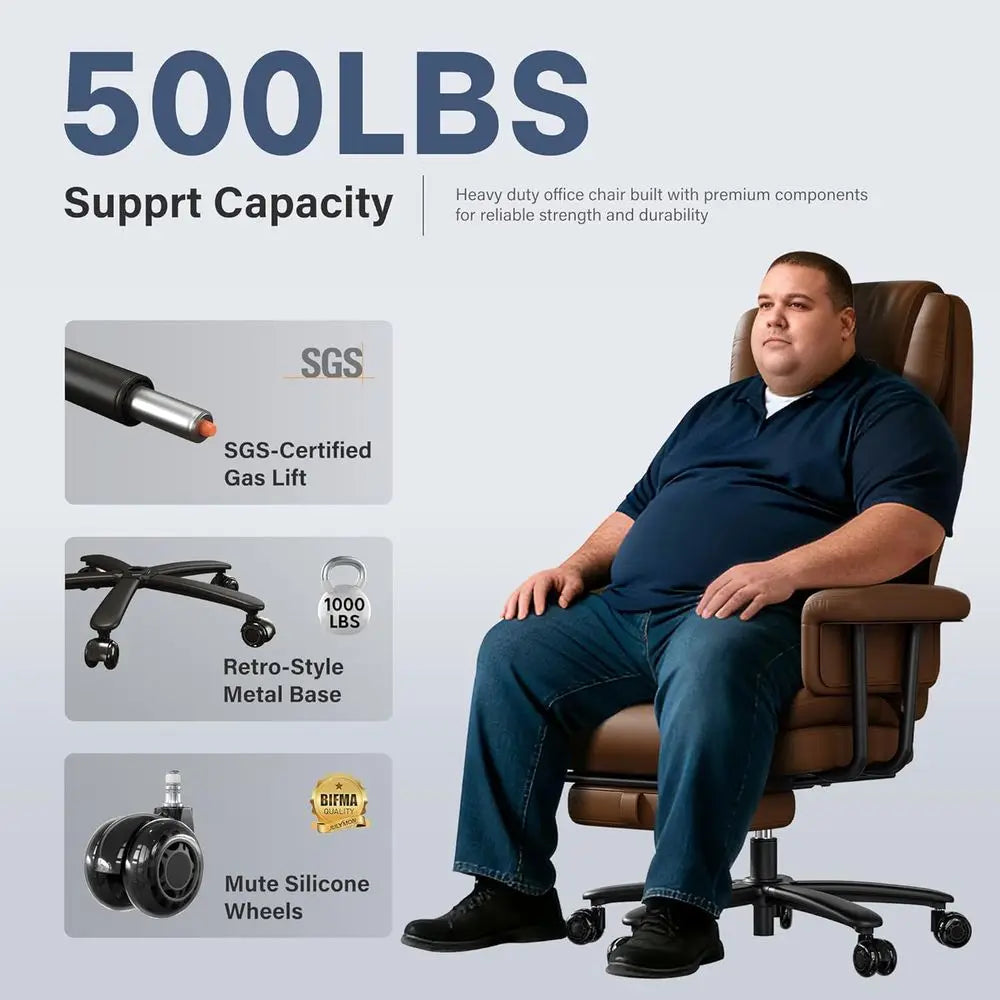 Premium Heavy-Duty Big and Tall Office Chair, 165° Recline, Footrest, Quiet Wheels, Adjustable Height, Brown
