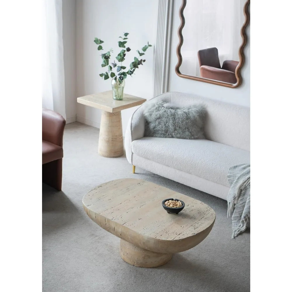 36" Oval Coffee Table, Modern Faux Stone Circle Center Table Accent Travertine Tea Table for Living Room, Magnesium, Customized