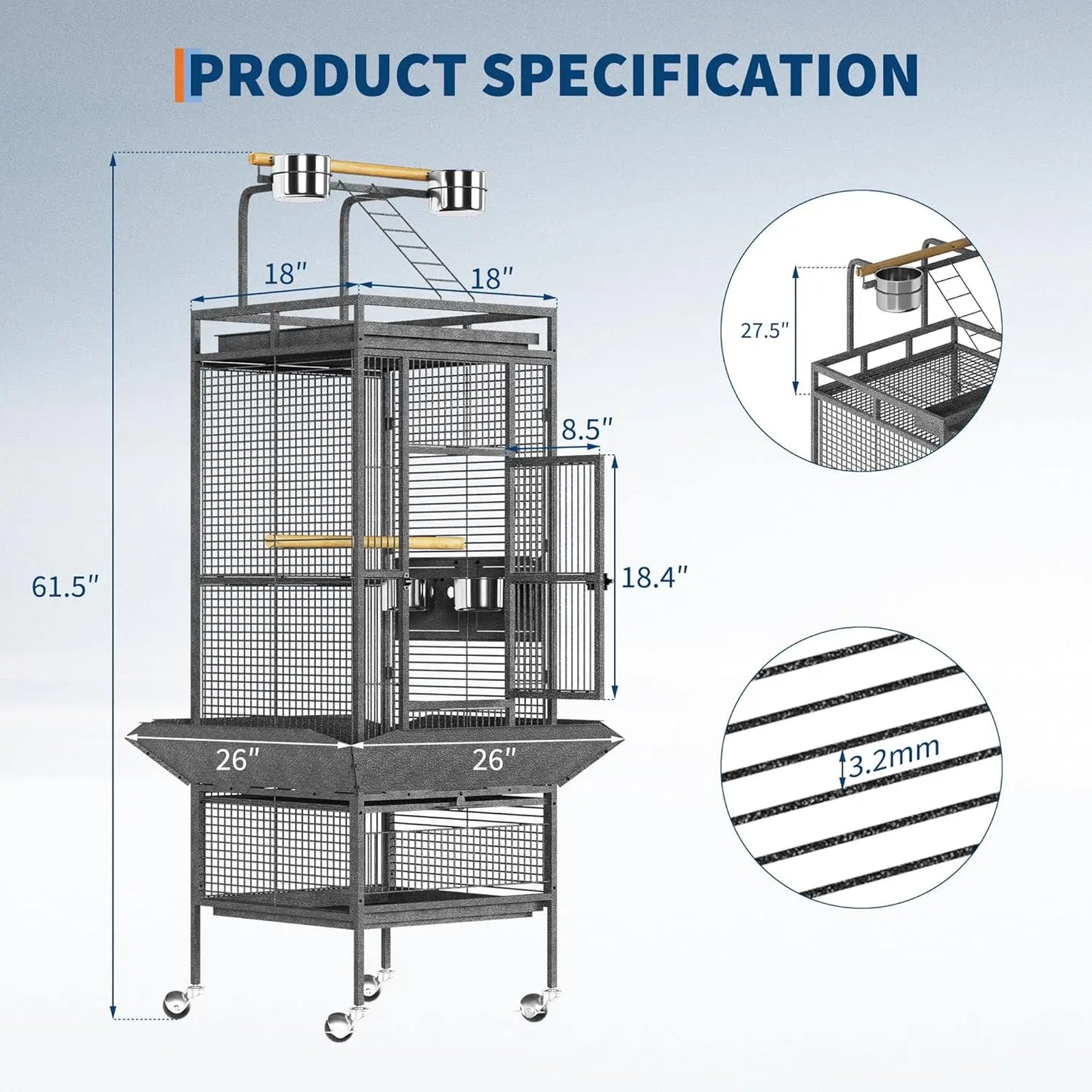 HiMISS Large Metal Parakeet Cage With Play Top And Feeder