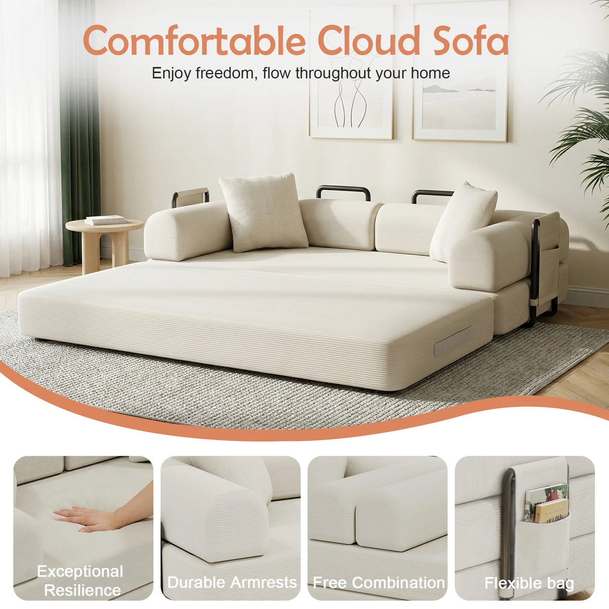 Convertible Compression Sofa Bed High Density Foam Corduroy Upholstery Space Saving Portable Sleeper Sofa for Guest Room Home