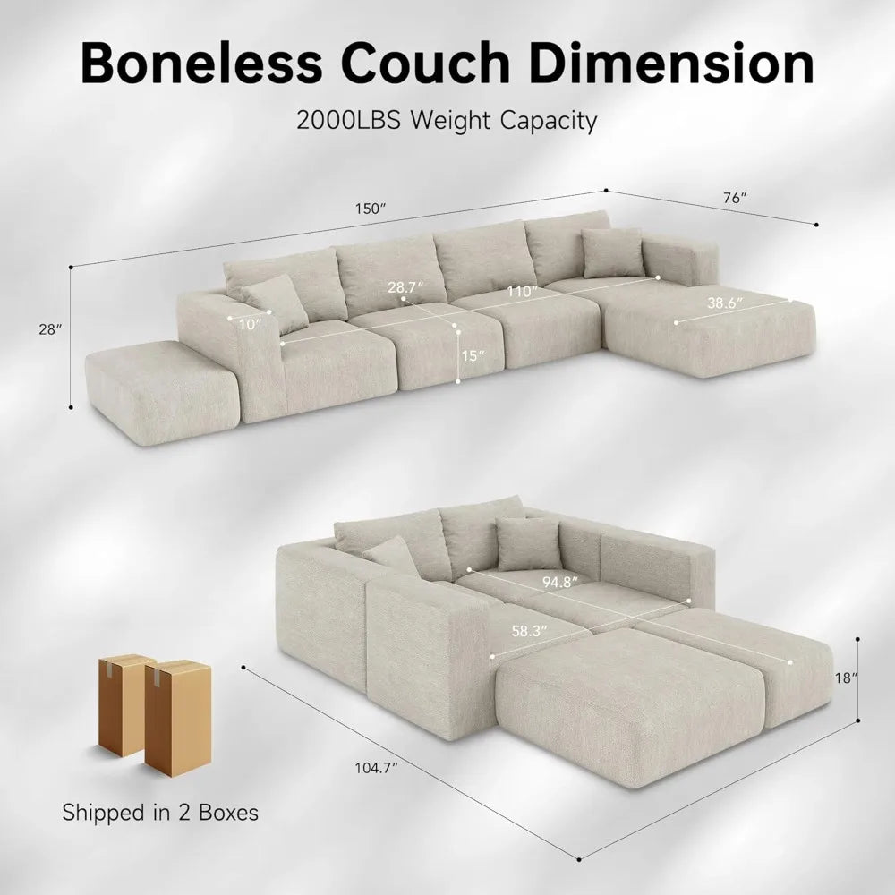 150" Modular Sectional Sofa, Extra Deep 6 Seater, Plush Comfy Cloud Couch, Flexible Layout, No Assembly, Chenille, Custom