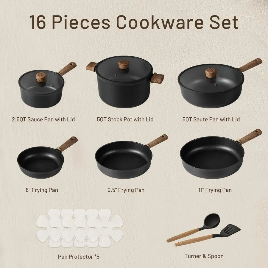 Nonstick Pots and Pans, Induction Cookware Set Kitchen Cooking Sets, Non Stick w/Frying Pan (PFOS, PFOA Free), Black, 16pcs