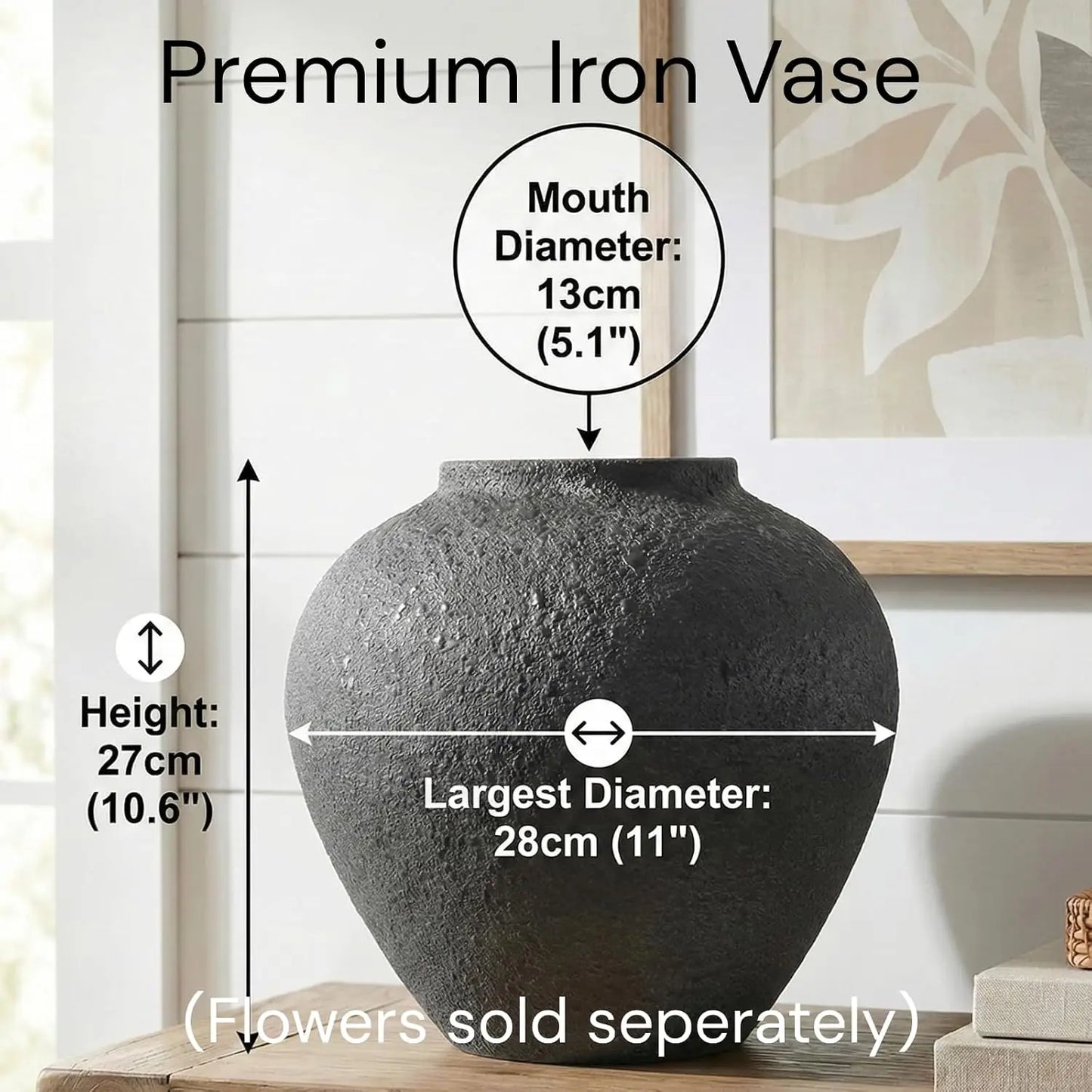 Large Black Round Vase, Pottery Rustic Look for Home Decor | Arina Black Iron Vase Modern Farmhouse, Console Table Decor, Textured Metal Big Vases for Centerpieces, Jarrones Grandes