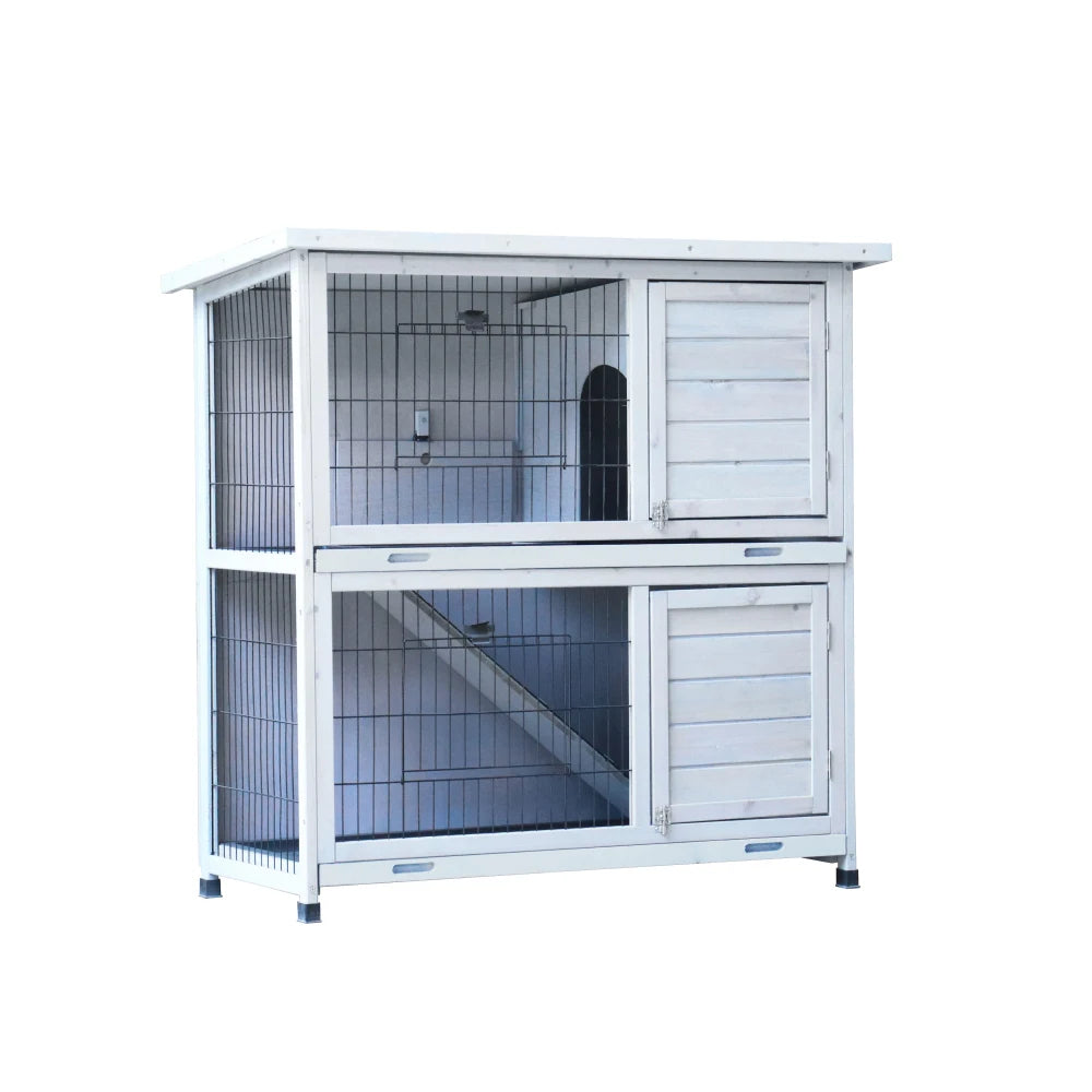 Rabbit Hutch Outdoor 2-Story Rabbit Cage Indoor with Run Bunny Cage with 2 Removable No-Leak Trays Pet Cages with Non-Slip Ramp