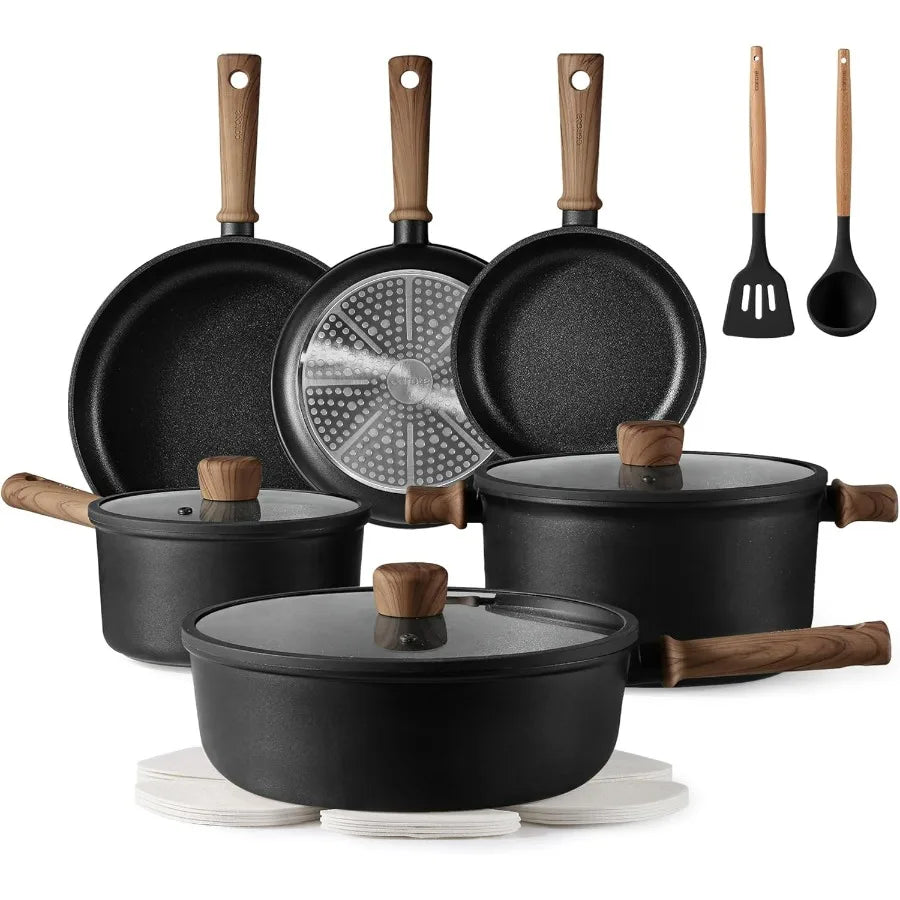 Nonstick Pots and Pans, Induction Cookware Set Kitchen Cooking Sets, Non Stick w/Frying Pan (PFOS, PFOA Free), Black, 16pcs