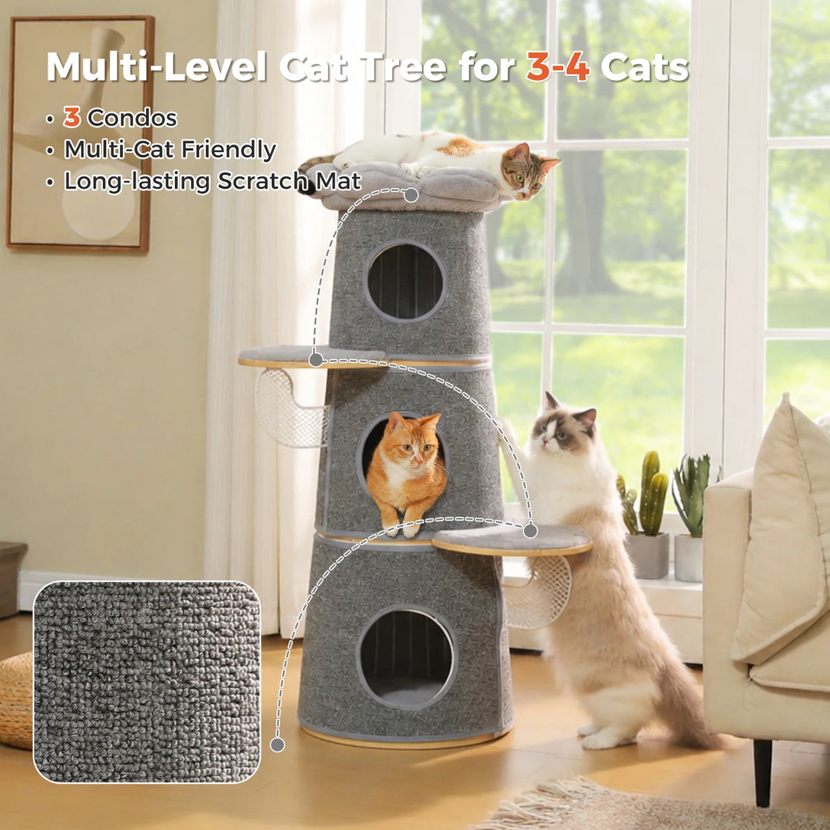 Modern Cat Tree with 3 Large Condos Aesthetic Cat Tower with Flower Perch Metal Frame Full-Wrap Scratching Pad Multi-Level Cat Bed House Wood Cat Furniture for Indoor Cats
