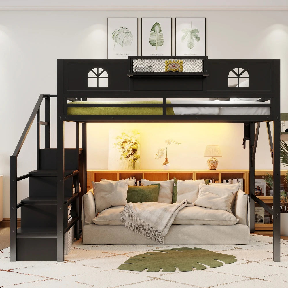 Metal Loft Bed With Stairs, Guardrails And Wardrobe Storage