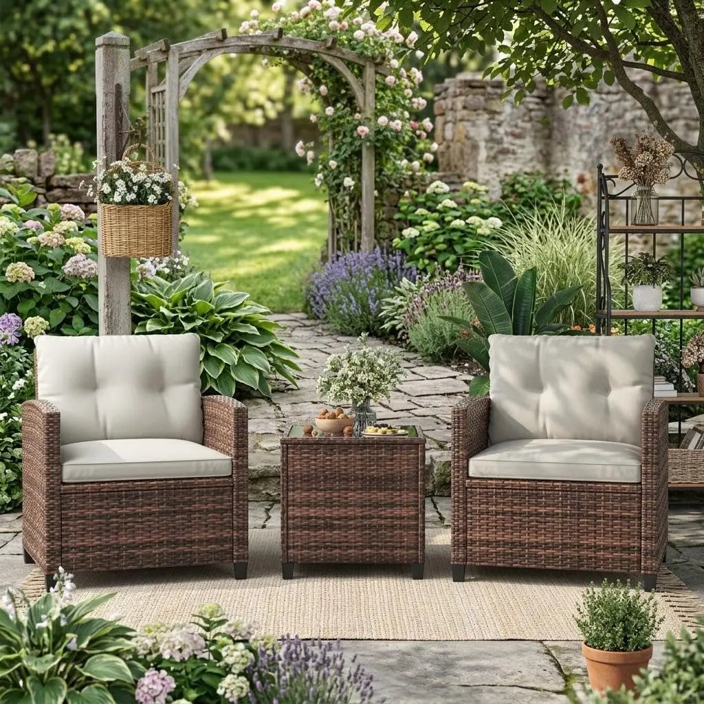 3 Pieces Office Furniture Set for Meeting Relaxation Interview Talking, Outdoor Wicker Rattan Chairs with Side Table, All-Weather Conversation Set with Cushions for Balcony, Porch, Backyard