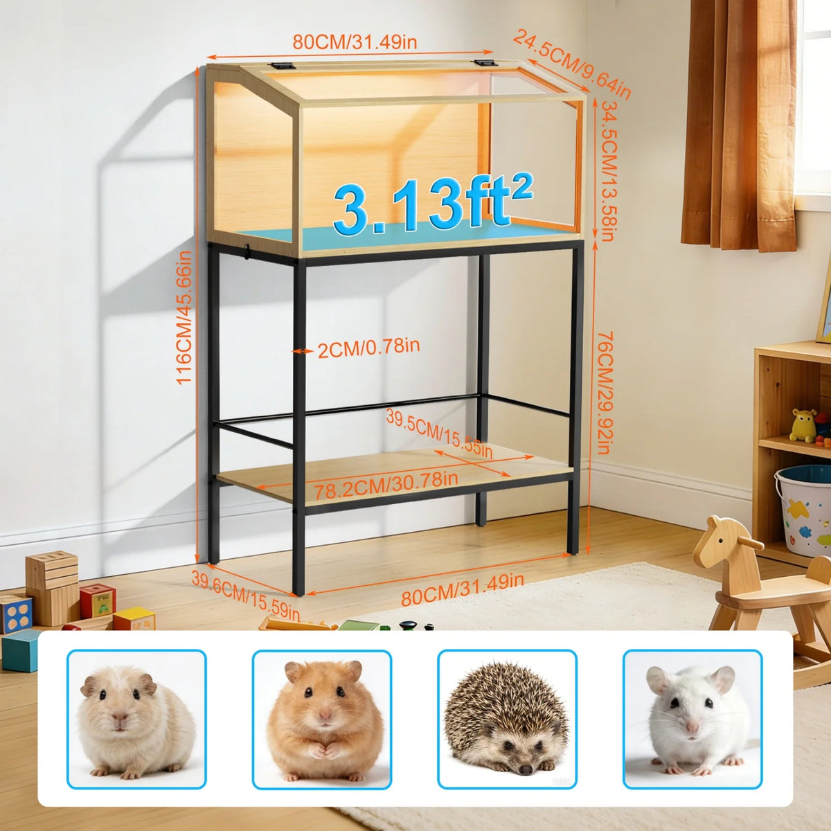 80x39x116cm Wooden Hamster Cage Built-in LED Hamster Habitat with Storage Shelf Tempered Glass Panels for Small Pets Guinea Pigs
