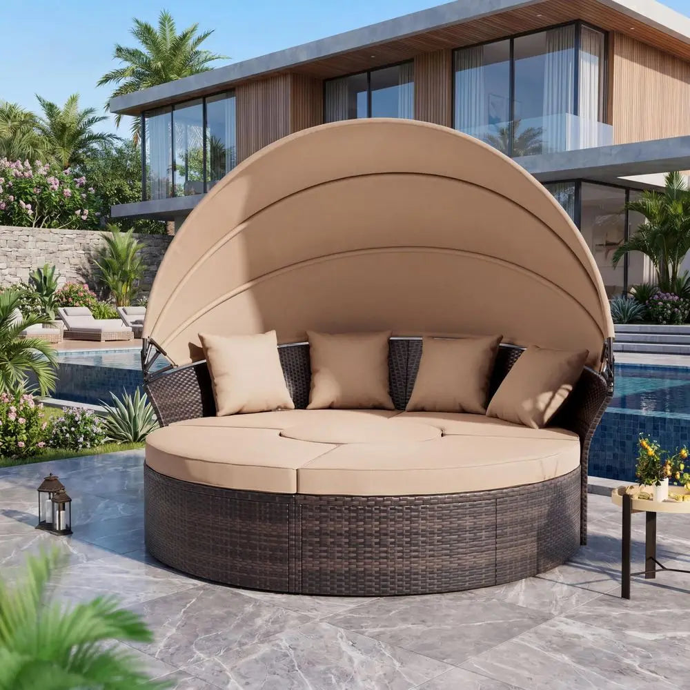 Round Patio Daybed with Retractable Canopy, Clamshell Wicker Sectional, Outdoor Wicker Furniture Daybed for Backyard, Poolside,