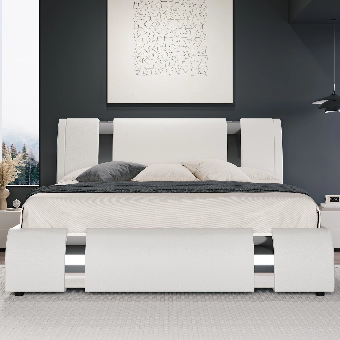 HOOMIC Modern Faux Leather Bed Frame Iron Decor Adjustable Headboard
