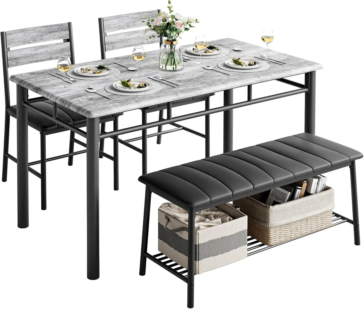 IRONCK Dining Table Set With Upholstered Bench And Two Chairs