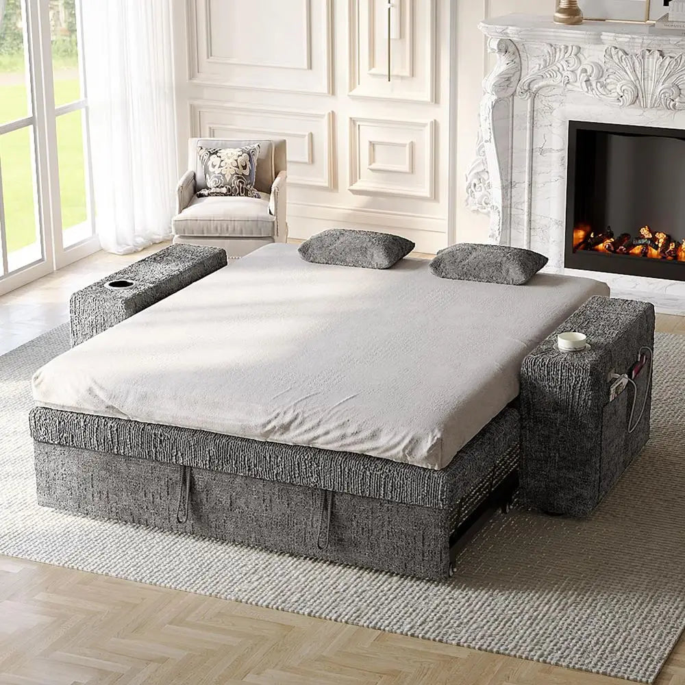 Inch Sleeper Sofa Bed, 3 in 1 Pull Out Couch Bed with Reclining Backrest, Small Loveseat with Wide Armrest USB Charging Side Po