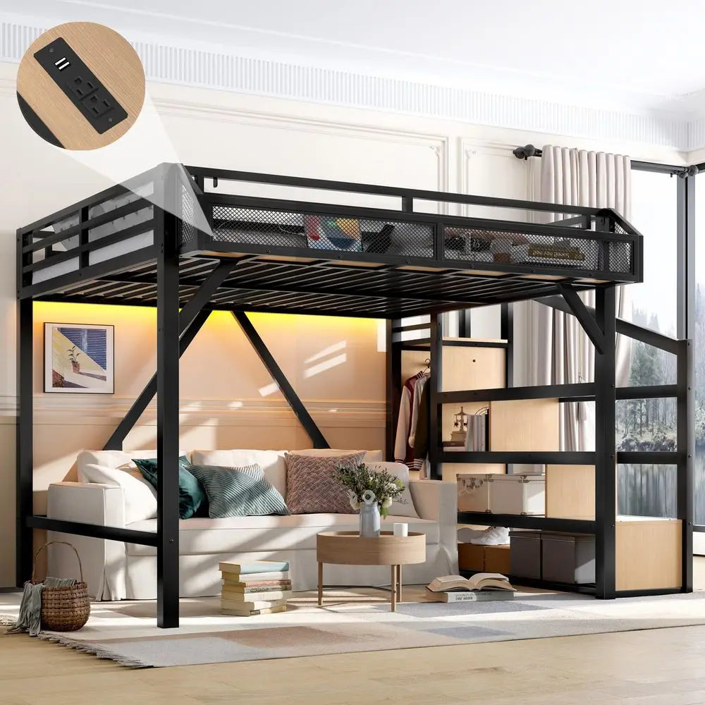 Queen Loft Bed with Storage Stairs, Shelves and Builtin Wardrobe, Metal Loft Bed Frame with USB Ports and LED Lights, NoiseRedu