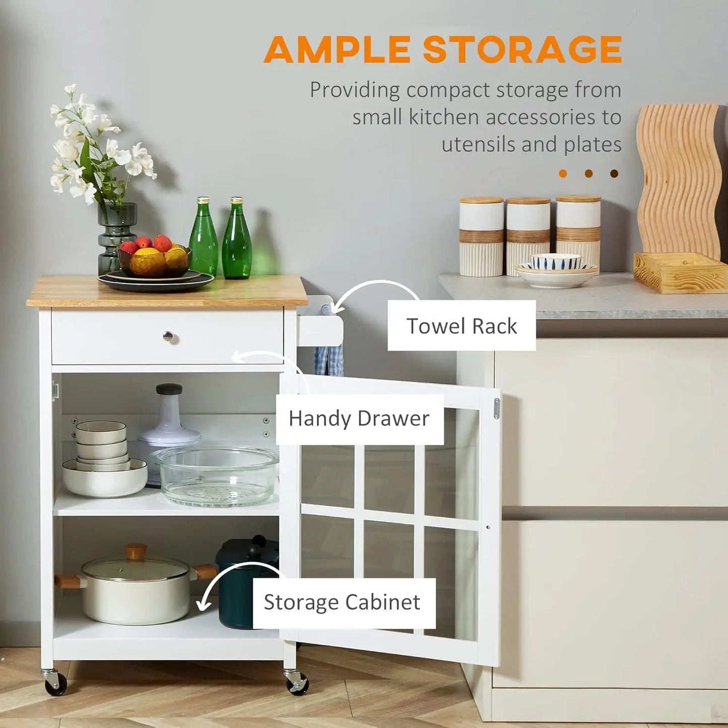 27" Rolling Kitchen Island Cart with Drawer & Glass Door Cabinet, Adjustable Shelf & Towel Rack, White, Customized