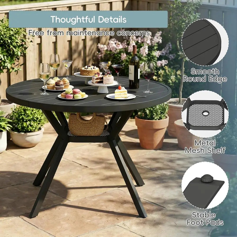 Round All-Weather Metal Patio Dining Table with Adjustable Umbrella Hole for Outdoor Garden and Backyard, Black
