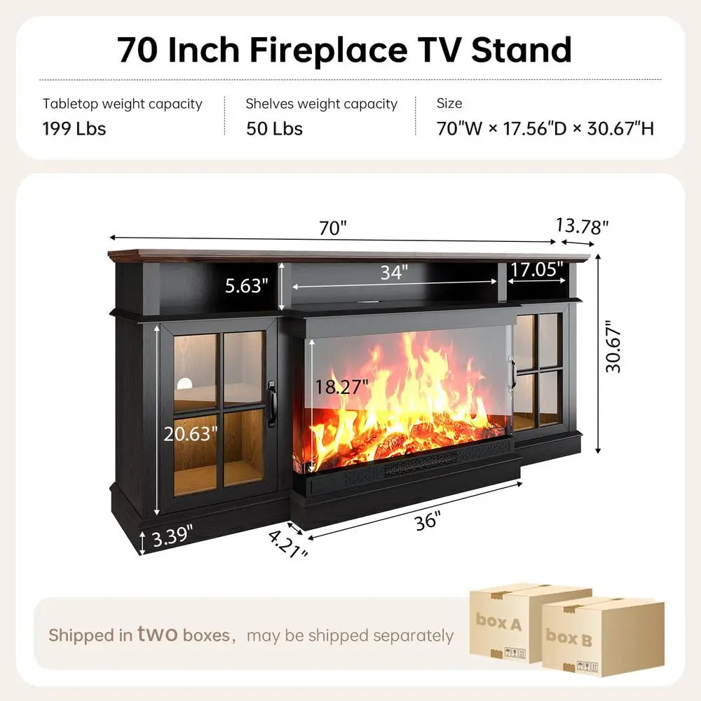 Fireplace TV Stand, 3 Sided Glass Modern Entertainment Center for TVs Up to 80, TV Console with Storage Cabinets, Media Console