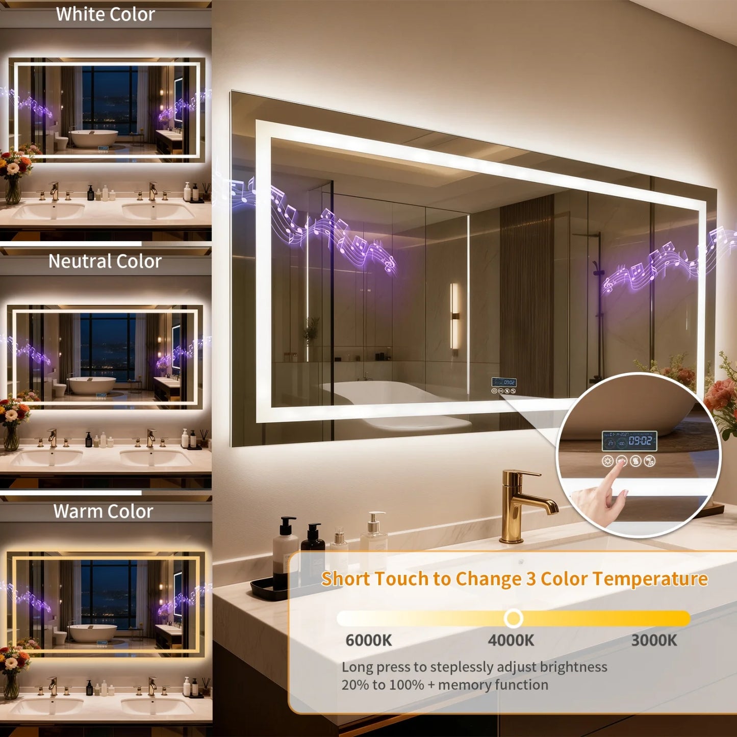 Bluetooth LED Bathroom Mirror With Dual Speakers Antifog Backlight Dimmable