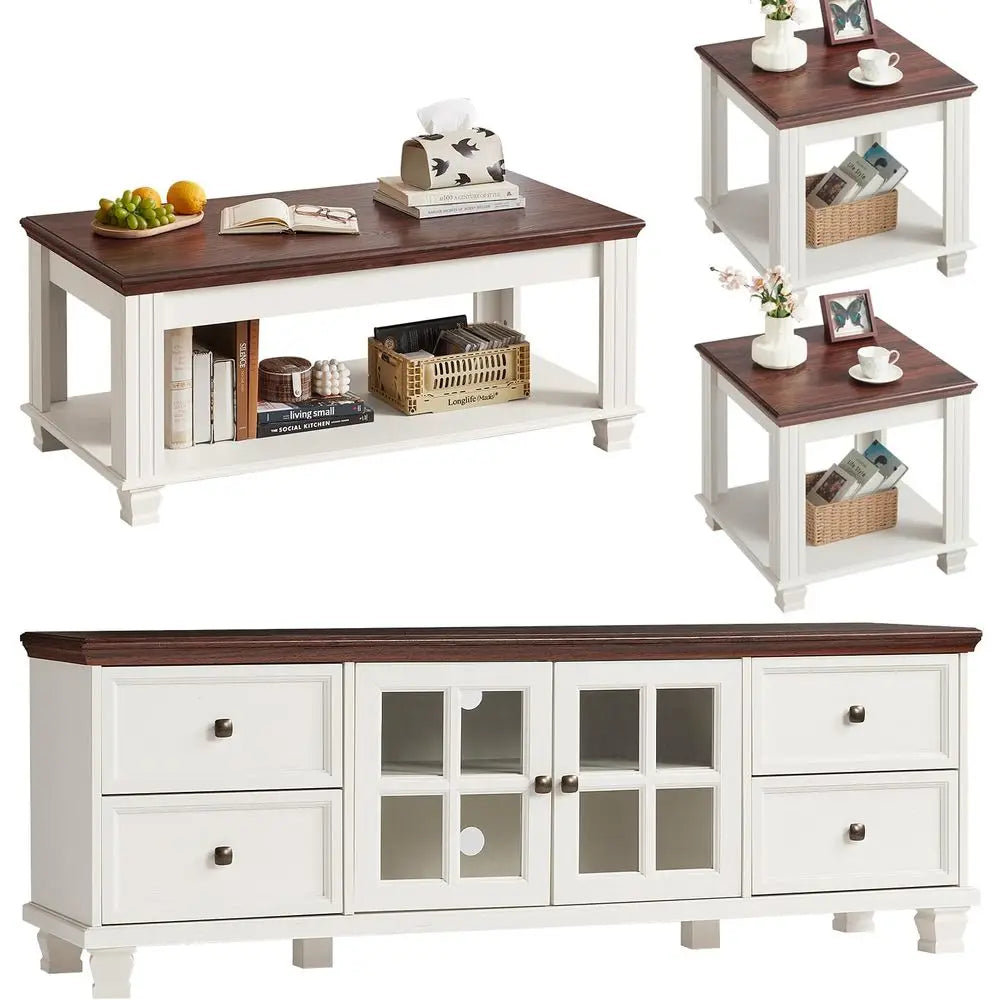 Classic Farmhouse TV Console And Rustic Coffee Table Set