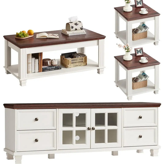 Classic Farmhouse TV Console And Rustic Coffee Table Set