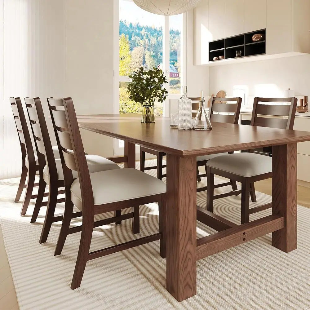 Set of 6 Wooden Ladder Back Dining Chairs with Thick Cushion, Suitable for Home and Restaurant, Easy to Clean, Brown