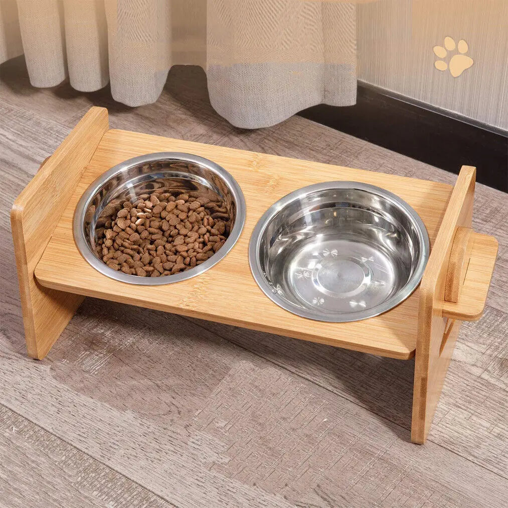 Adjustable Wooden Cat Feeder With Stainless Steel Bowls